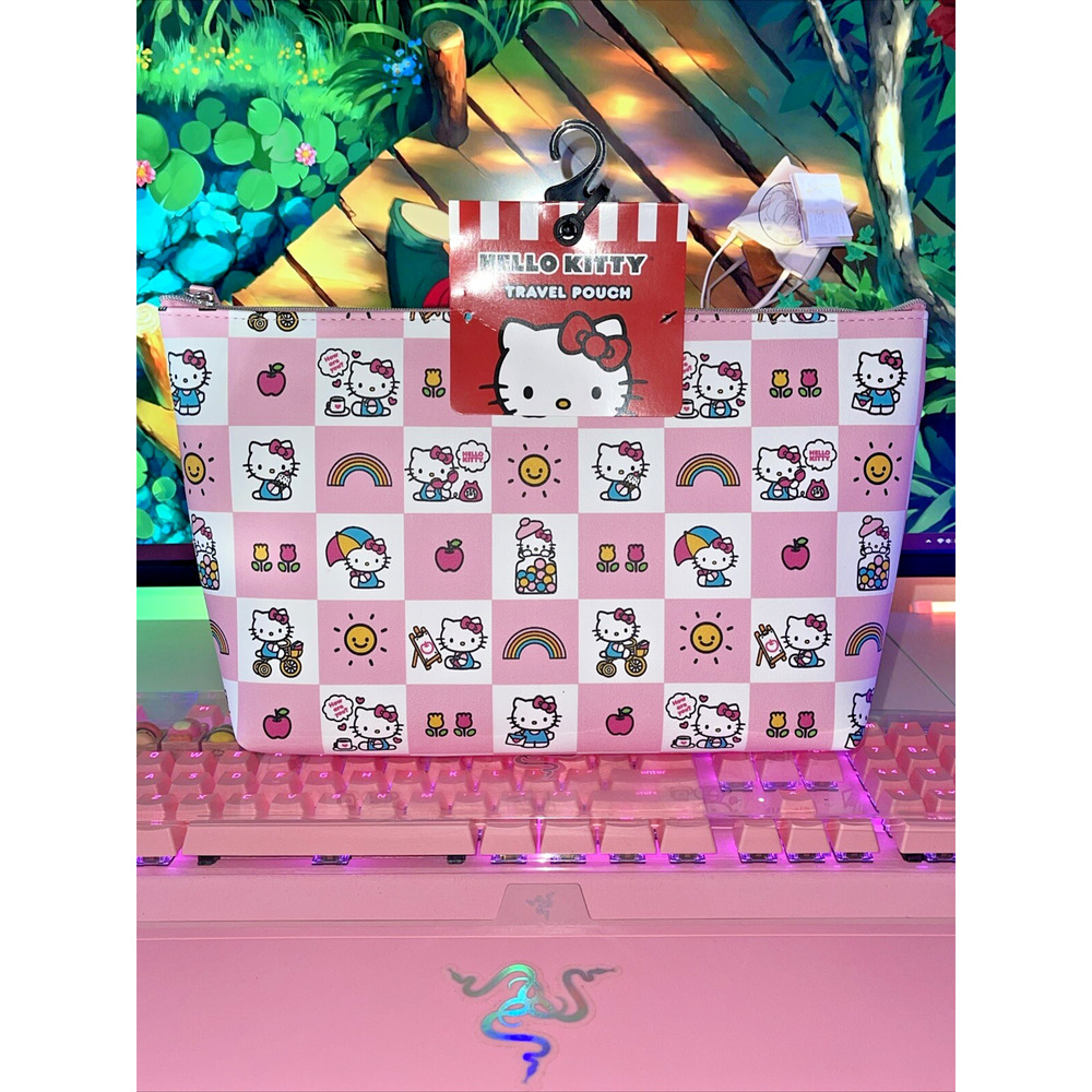 Hello Kitty Travel Makeup Bag Large Pink White Pouch 12”x 8”x3” 2024 Sanrio
